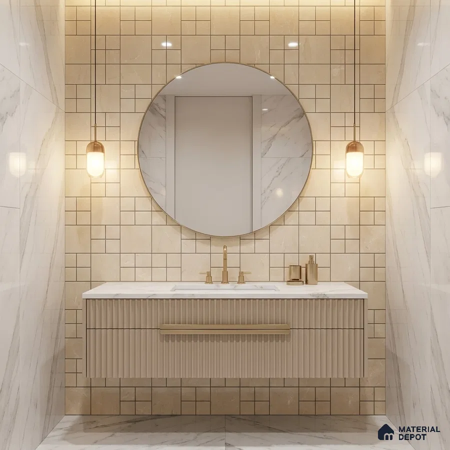 Modern bathroom with beige grid wall tiles, fluted vanity, and white marble wall tiles