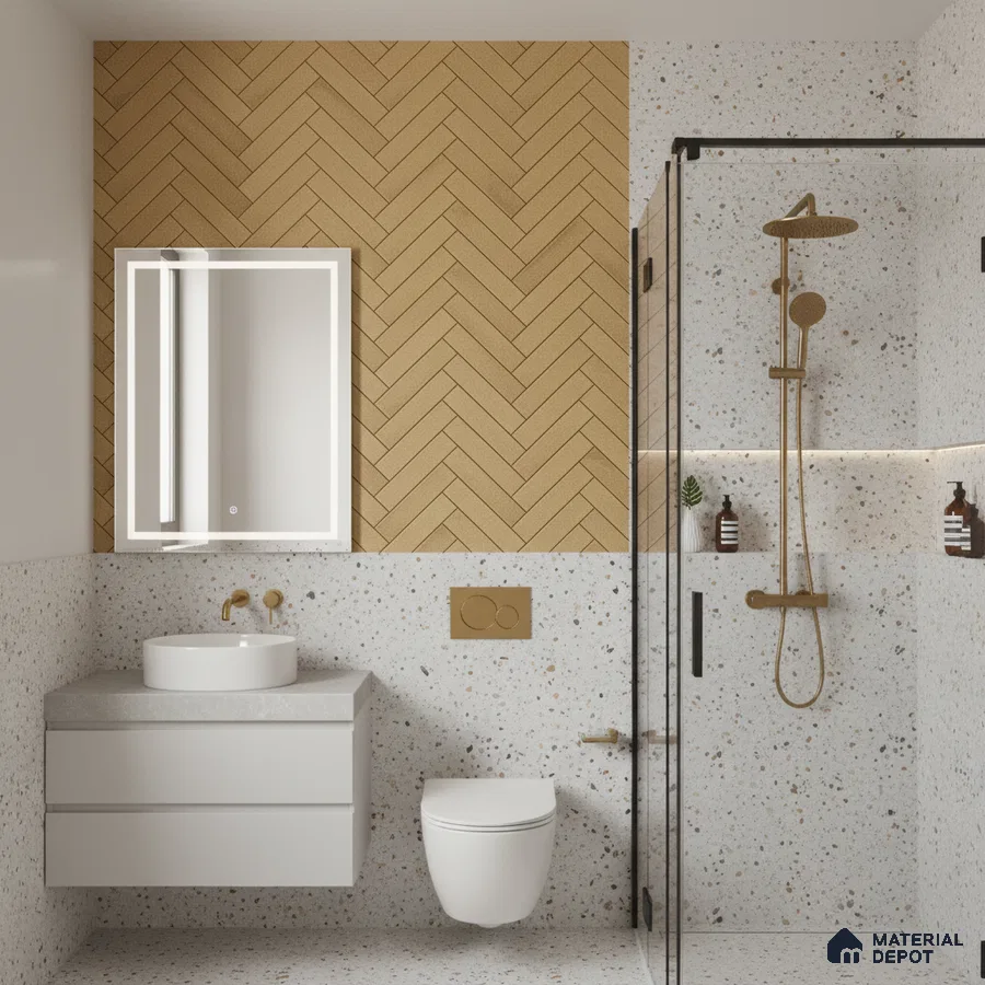 Modern bathroom with beige herringbone wall tile and terrazzo wall and floor tiles | Material Depot