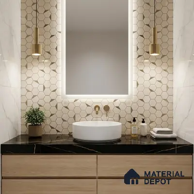 Modern bathroom with beige hexagonal wall tiles, black marble countertop, and light oak vanity