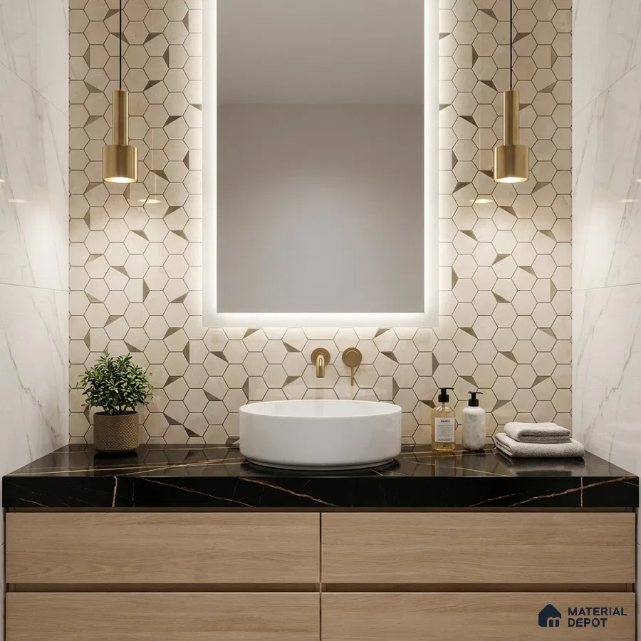 Modern bathroom with beige hexagonal wall tiles, black marble countertop, and light oak vanity