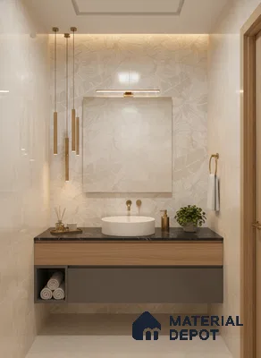 Modern bathroom with beige leaf-patterned wall tiles, black marble countertop, and wood finish floating vanity | Material Depot