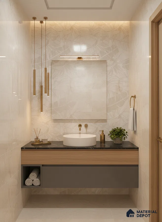 Modern bathroom with beige leaf-patterned wall tiles, black marble countertop, and wood finish floating vanity | Material Depot