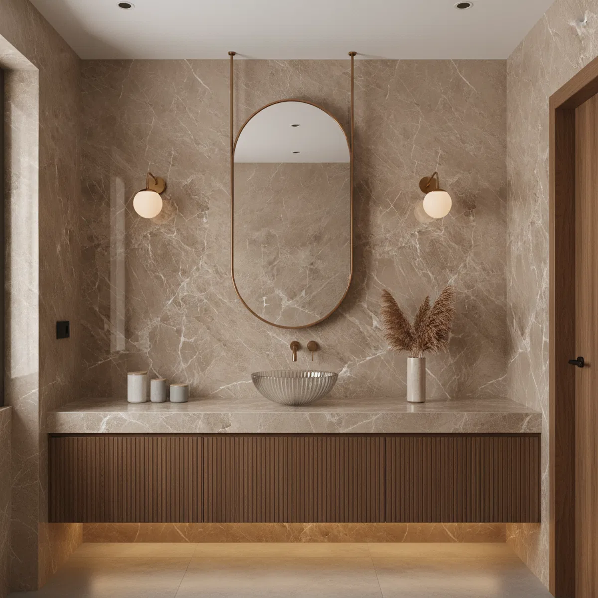 Modern bathroom with beige marble tiles and fluted wood vanity in ...