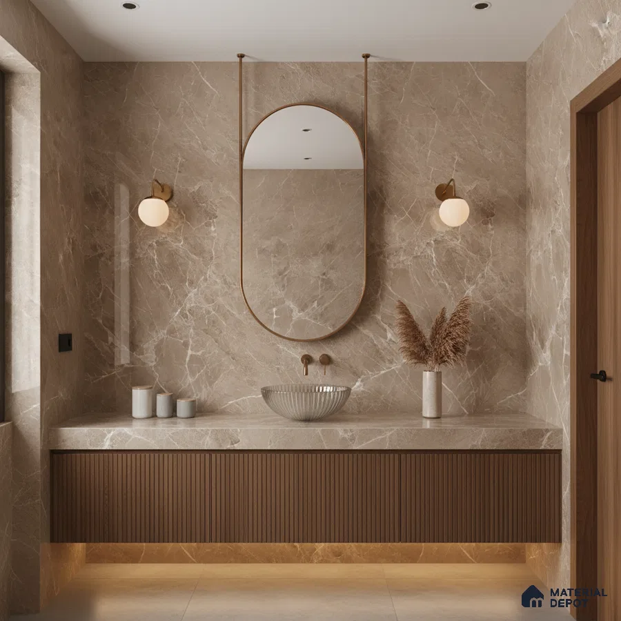 Modern bathroom with beige marble tiles and fluted wood vanity | Material Depot