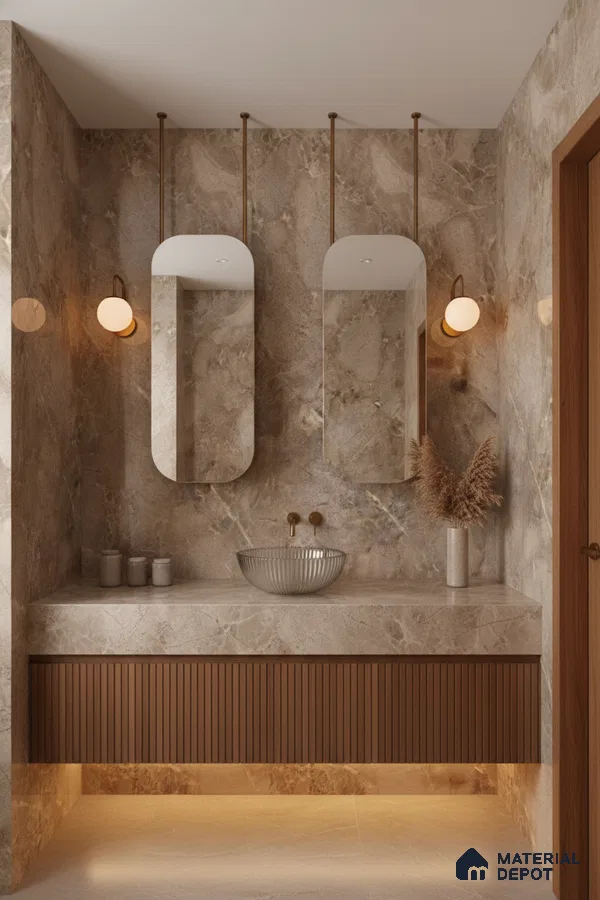 Modern bathroom with beige marble tiles and fluted wooden vanity | Material Depot