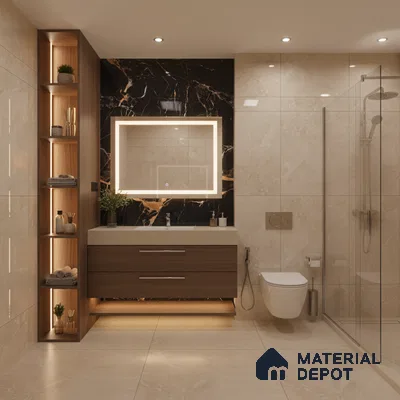Modern bathroom with beige marble tiles, black marble highlighter wall, and wood laminate floating vanity | Material Depot