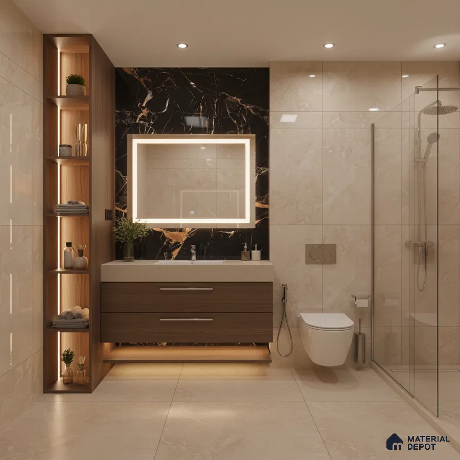 Modern bathroom with beige marble tiles, black marble highlighter wall, and wood laminate floating vanity | Material Depot
