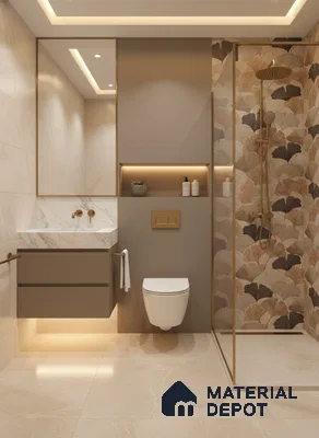 Modern bathroom with beige marble tiles, floral highlighter wall tile, and floating vanity | Material Depot