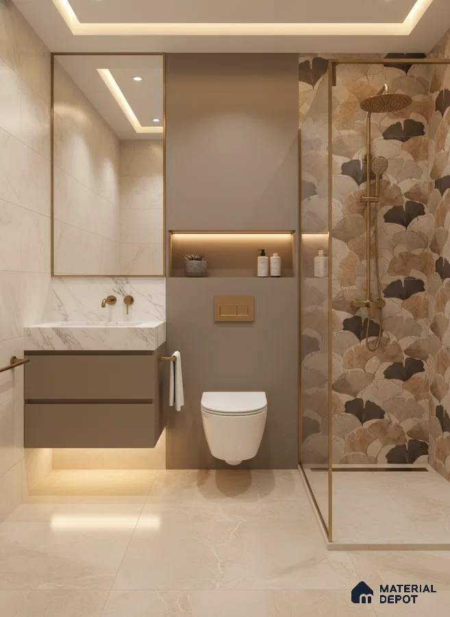 Modern bathroom with beige marble tiles, floral highlighter wall tile, and floating vanity | Material Depot