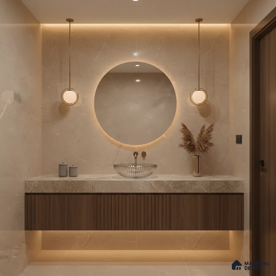 Modern bathroom with beige marble tiles, fluted walnut vanity, and backlit round mirror | Material Depot