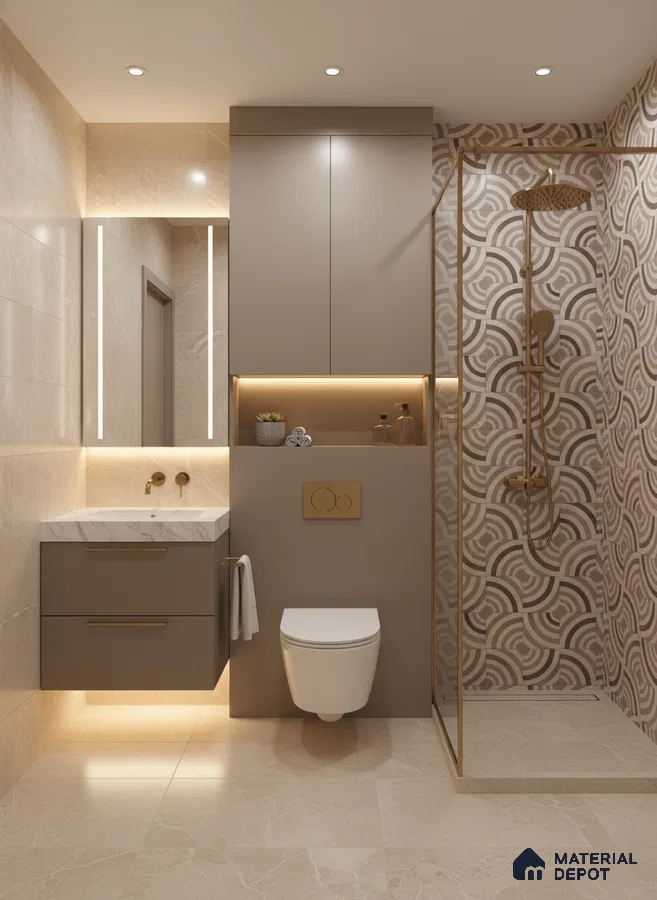 Modern bathroom with beige marble tiles, taupe matte vanity, and geometric patterned shower wall tiles | Material Depot