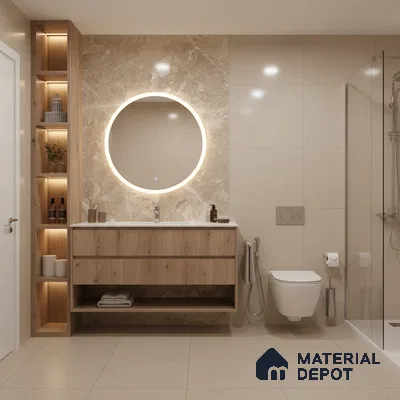 Modern bathroom with beige marble wall tile, light wood vanity, and matte beige floor tiles | Material Depot