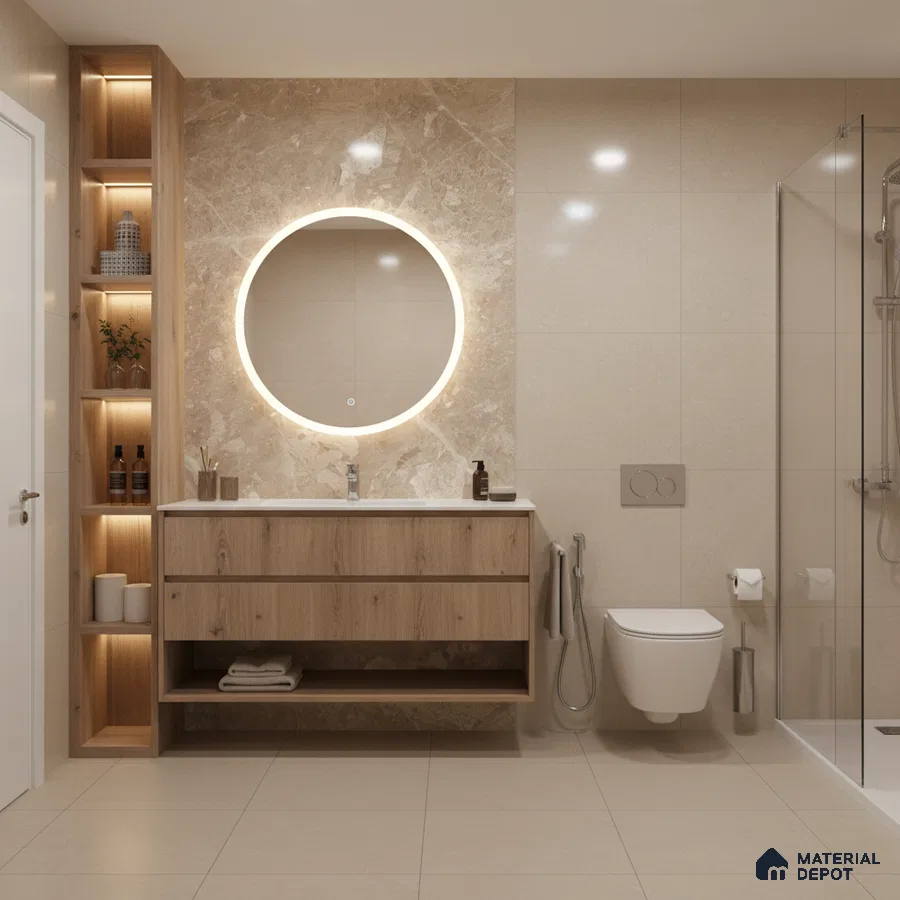 Modern bathroom with beige marble wall tile, light wood vanity, and matte beige floor tiles | Material Depot