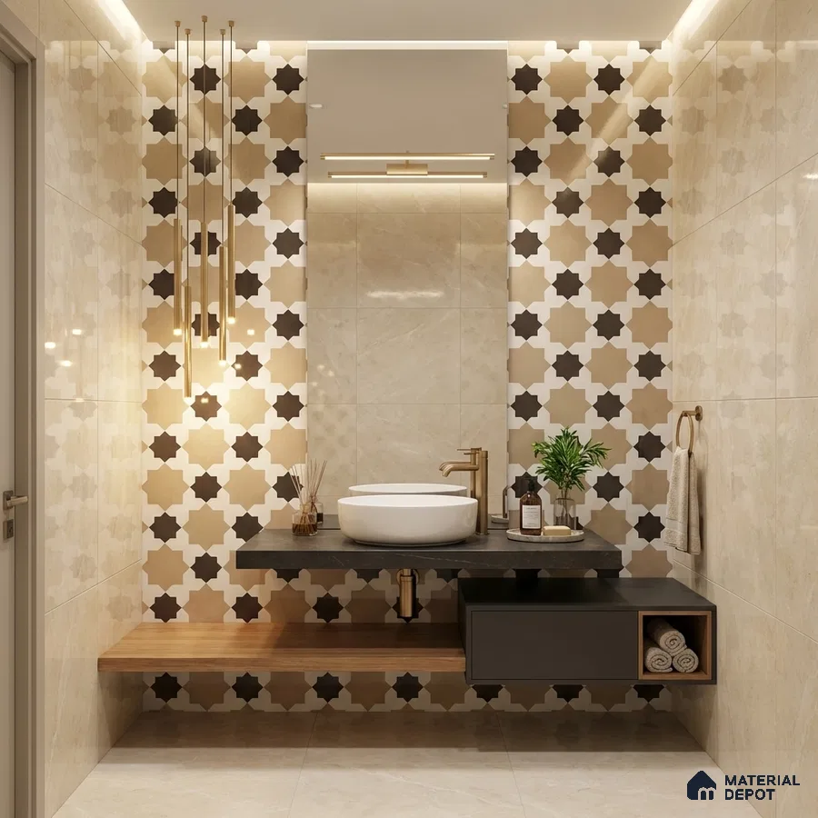 Modern bathroom with beige marble wall tiles and black-and-white geometric moroccan accent tiles
