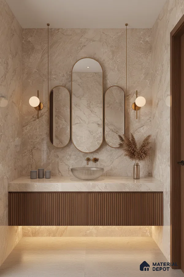 Modern bathroom with beige marble wall tiles and fluted walnut vanity | Material Depot