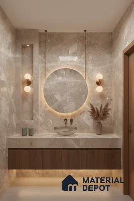 Modern bathroom with beige marble wall tiles and walnut brown wood vanity | Material Depot
