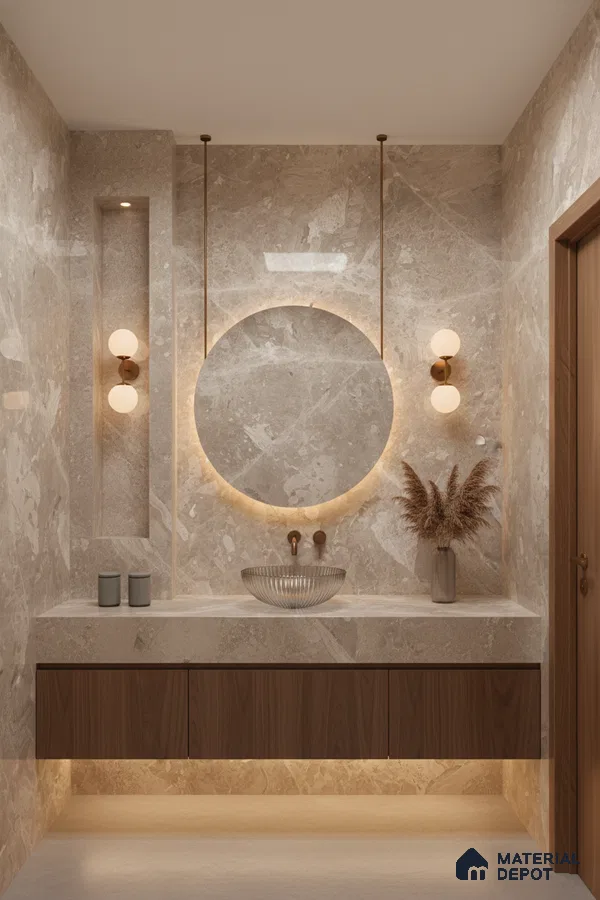 Modern bathroom with beige marble wall tiles and walnut brown wood vanity | Material Depot