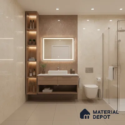 Modern bathroom with beige marble wall tiles, brown marble accent, and light wood floating vanity | Material Depot