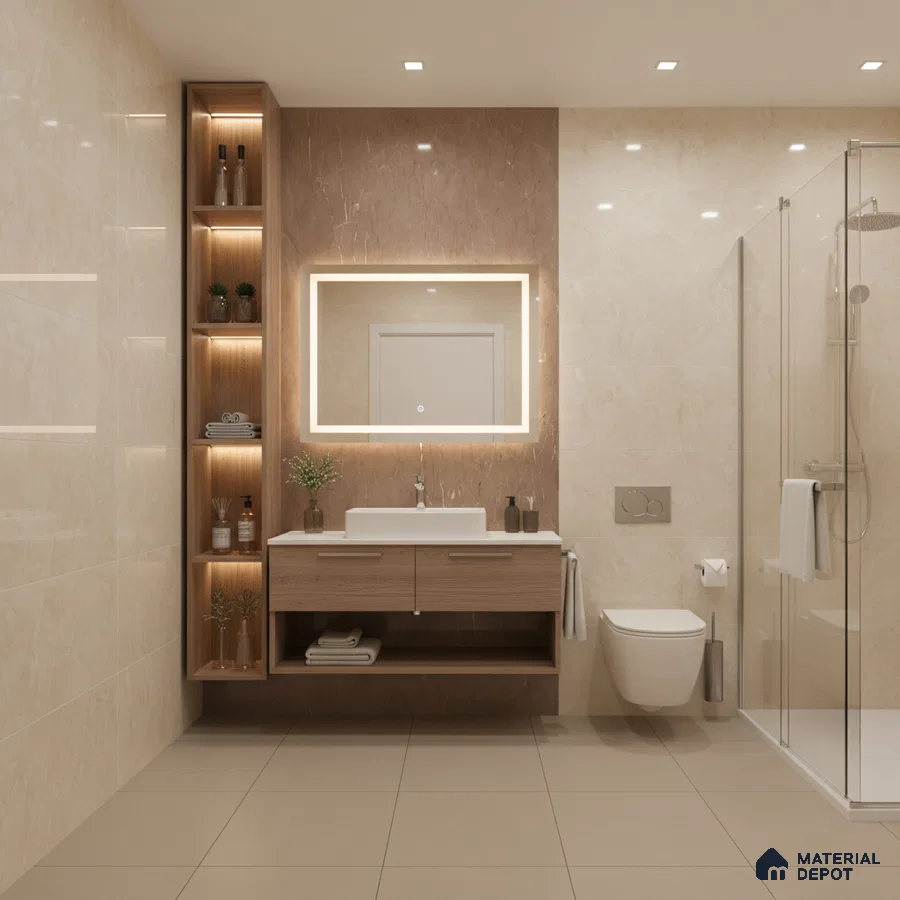 Modern bathroom with beige marble wall tiles, brown marble accent, and light wood floating vanity | Material Depot