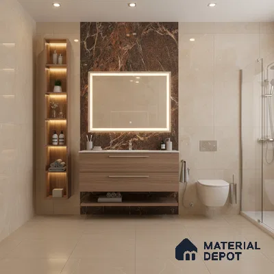 Modern bathroom with beige marble wall tiles, brown marble accent wall, and wood finish floating vanity | Material Depot