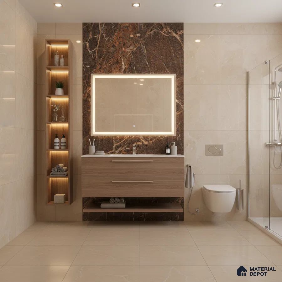 Modern bathroom with beige marble wall tiles, brown marble accent wall, and wood finish floating vanity | Material Depot