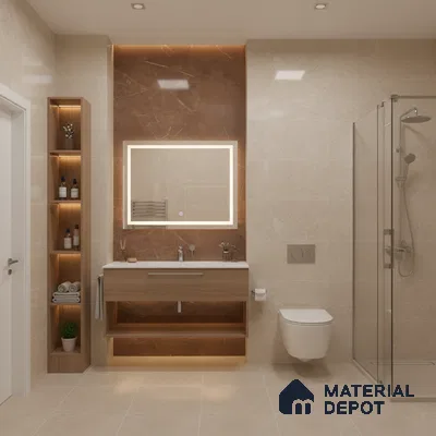 Modern bathroom with beige marble wall tiles, brown marble accent wall, and wood finish floating vanity | Material Depot
