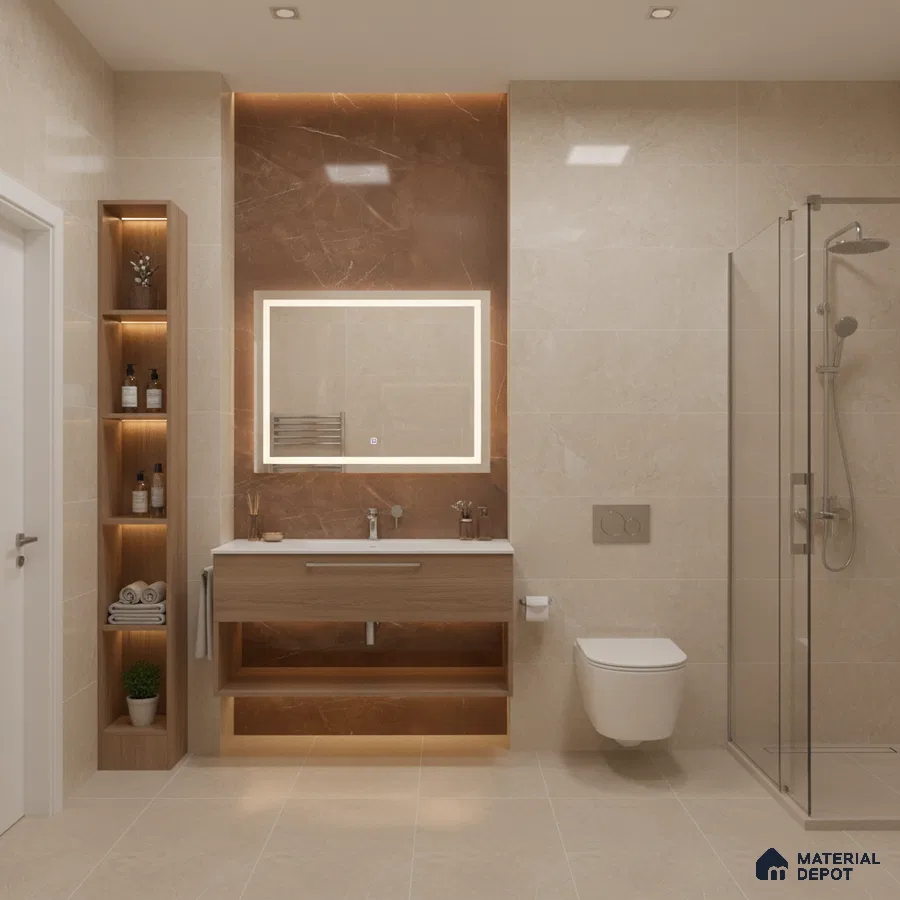 Modern bathroom with beige marble wall tiles, brown marble accent wall, and wood finish floating vanity | Material Depot