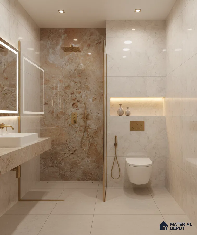 Modern bathroom with beige marble wall tiles, brown marble highlighter shower wall, and matte beige floor tiles | Material Depot