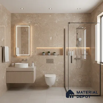 Modern bathroom with beige marble wall tiles, fluted vanity, and matte beige floor tiles | Material Depot