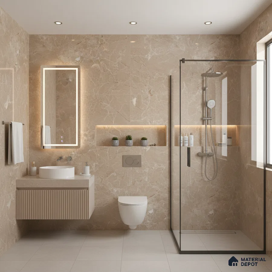 Modern bathroom with beige marble wall tiles, fluted vanity, and matte beige floor tiles | Material Depot