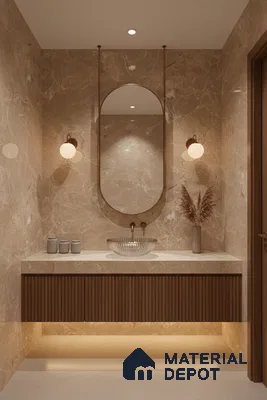 Modern bathroom with beige marble wall tiles, fluted walnut vanity, and under-cabinet lighting | Material Depot