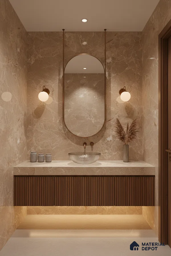 Modern bathroom with beige marble wall tiles, fluted walnut vanity, and under-cabinet lighting | Material Depot