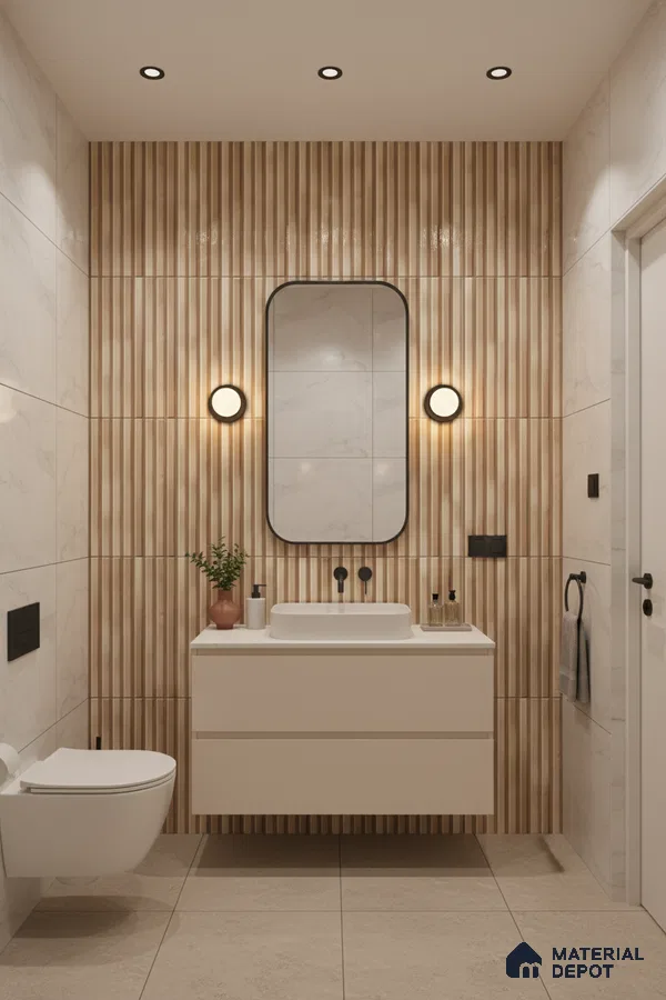 Modern bathroom with beige marble wall tiles, fluted wood-look accent wall, and floating white vanity | Material Depot