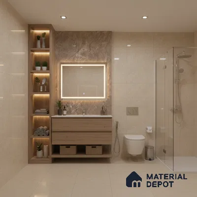 Modern bathroom with beige marble wall tiles, light oak wood vanity, and glass shower partition | Material Depot