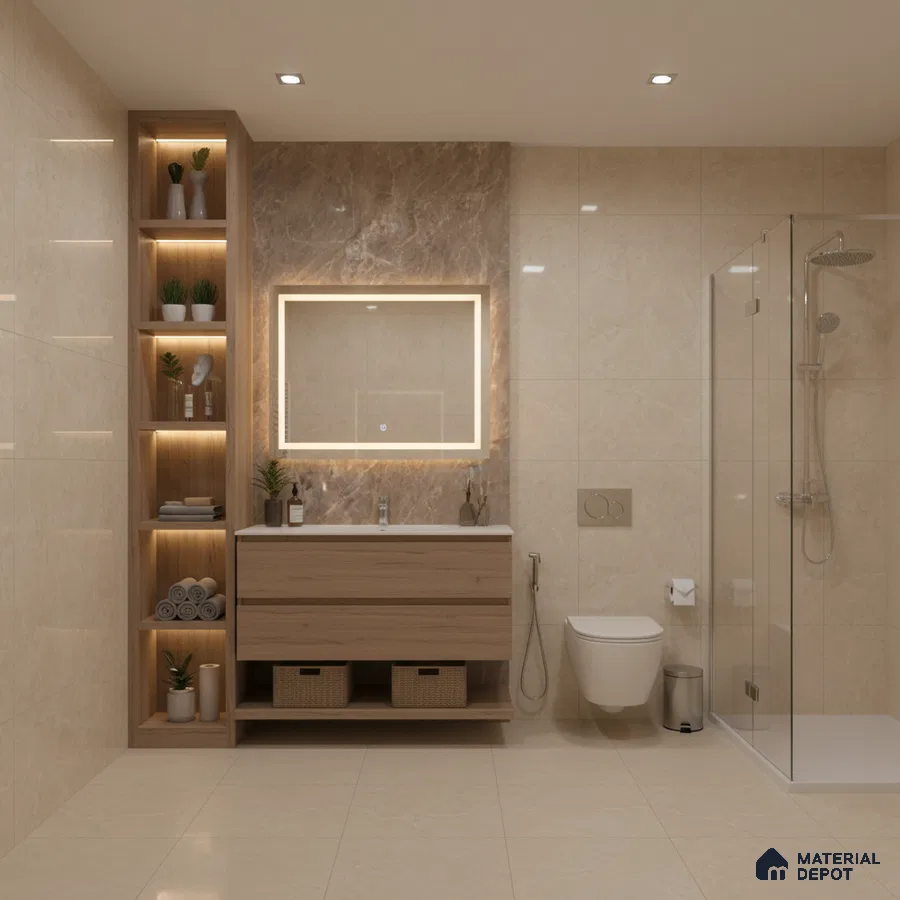 Modern bathroom with beige marble wall tiles, light oak wood vanity, and glass shower partition | Material Depot