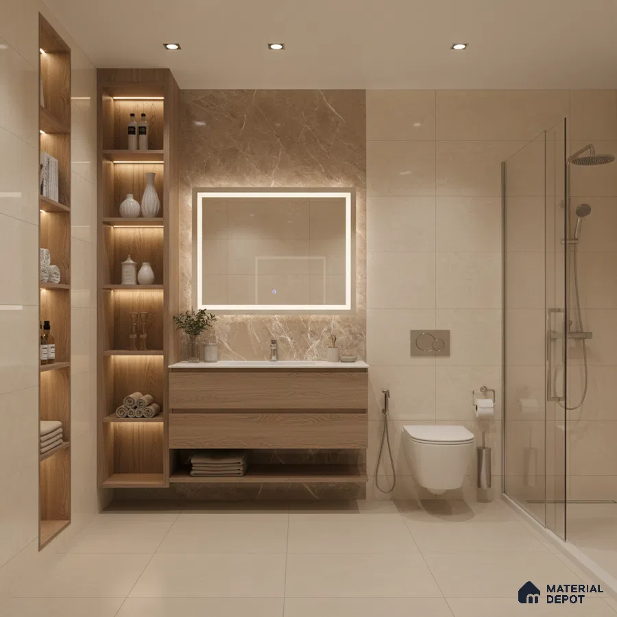 Modern bathroom with beige marble wall tiles, light oak wood vanity, and glass shower partition | Material Depot