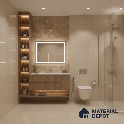 Modern bathroom with beige marble wall tiles, light wood floating vanity, and glass shower partition | Material Depot