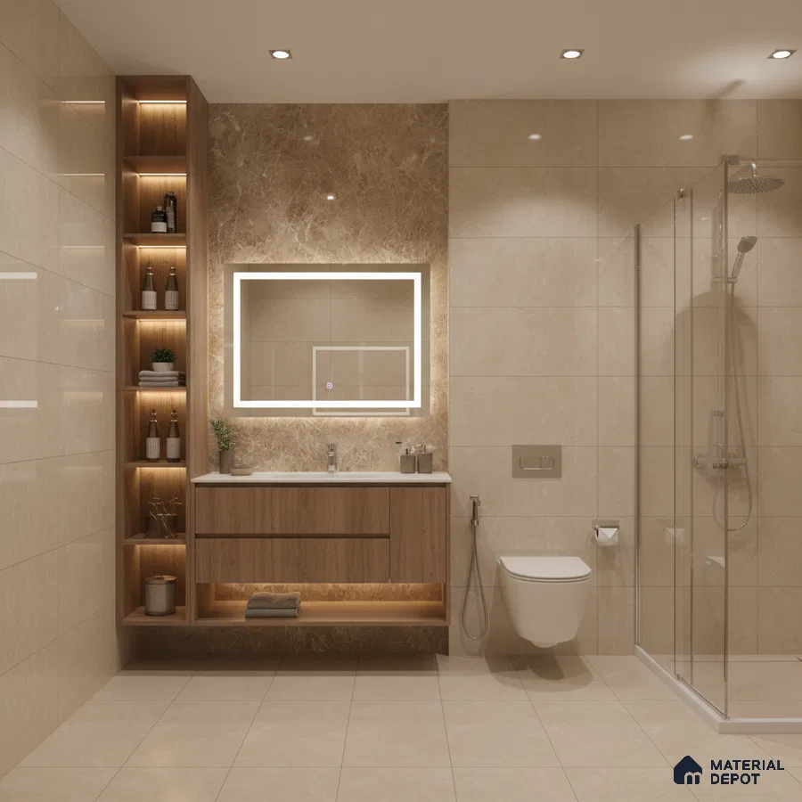 Modern bathroom with beige marble wall tiles, light wood floating vanity, and glass shower partition | Material Depot
