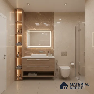 Modern bathroom with beige marble wall tiles, light wood vanity, and backlit mirror | Material Depot