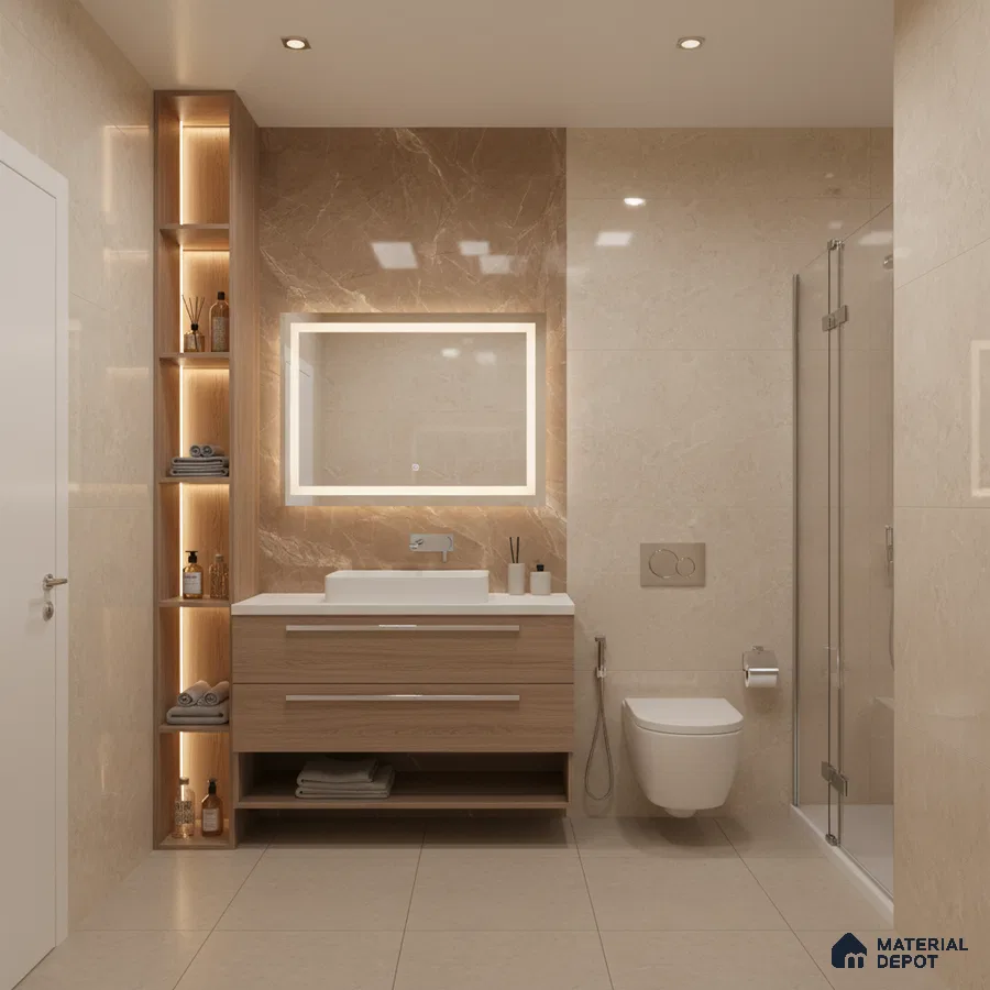 Modern bathroom with beige marble wall tiles, light wood vanity, and backlit mirror | Material Depot