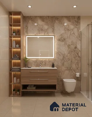 Modern bathroom with beige marble wall tiles, light wood vanity, and cream floor tiles | Material Depot