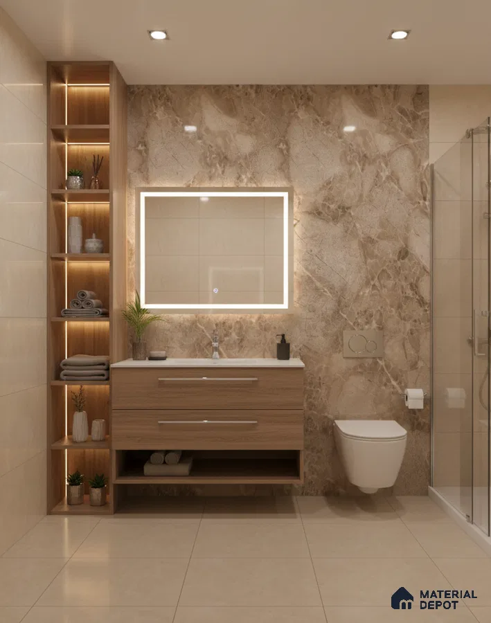Modern bathroom with beige marble wall tiles, light wood vanity, and cream floor tiles | Material Depot