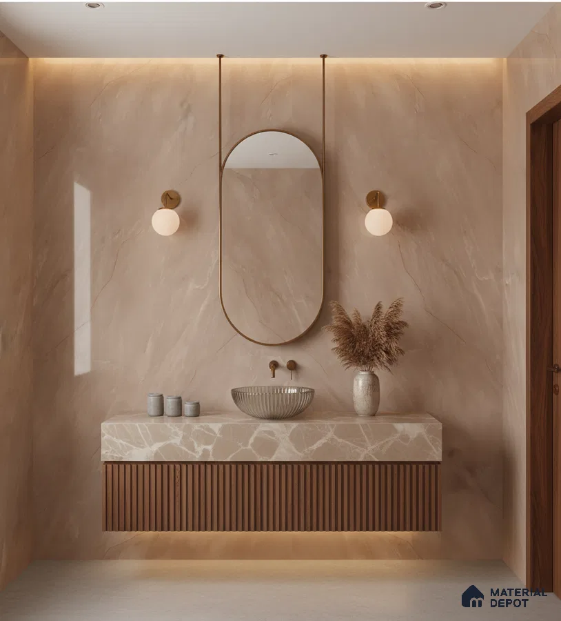 Modern bathroom with beige marble wall tiles, marble countertop, and fluted wood vanity | Material Depot