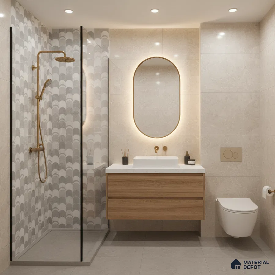 Modern bathroom with beige marble wall tiles, scallop patterned shower tiles, and wood finish floating vanity | Material Depot