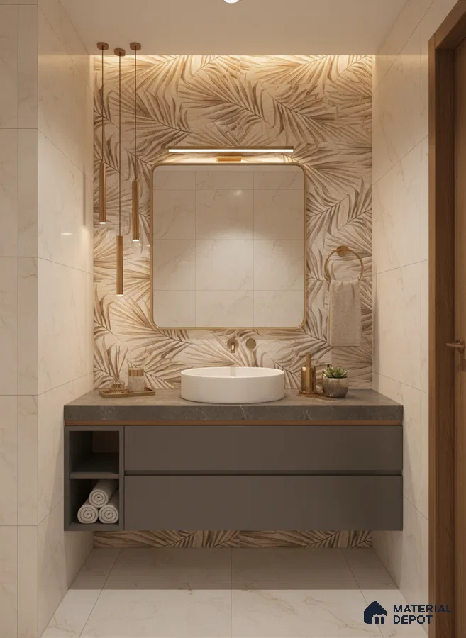Modern bathroom with beige marble wall tiles, tropical leaf highlighter tile, and grey floating vanity | Material Depot