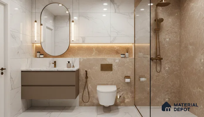 Modern bathroom with beige marble wall tiles, white marble floor tiles, and floating taupe vanity | Material Depot