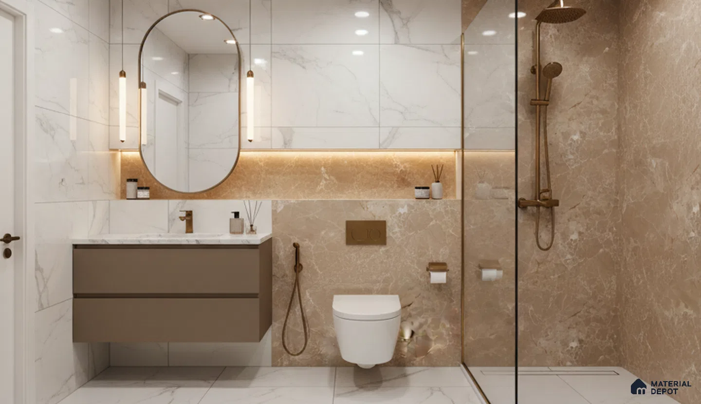 Modern bathroom with beige marble wall tiles, white marble floor tiles, and floating taupe vanity | Material Depot
