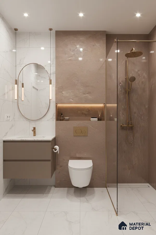 Modern bathroom with beige marble wall tiles, white marble floor tiles, and taupe floating vanity | Material Depot