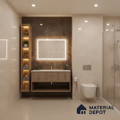 Modern bathroom with beige marble wall tiles, wooden floating vanity, and bronze accent wall | Material Depot