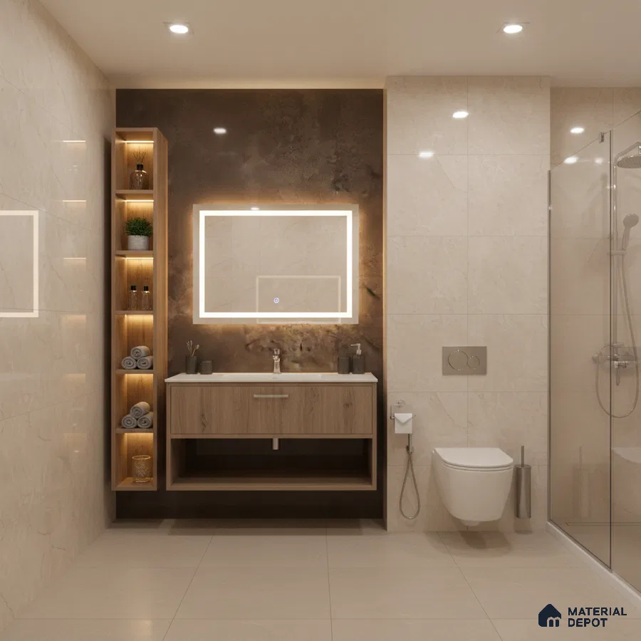 Modern bathroom with beige marble wall tiles, wooden floating vanity, and bronze accent wall | Material Depot